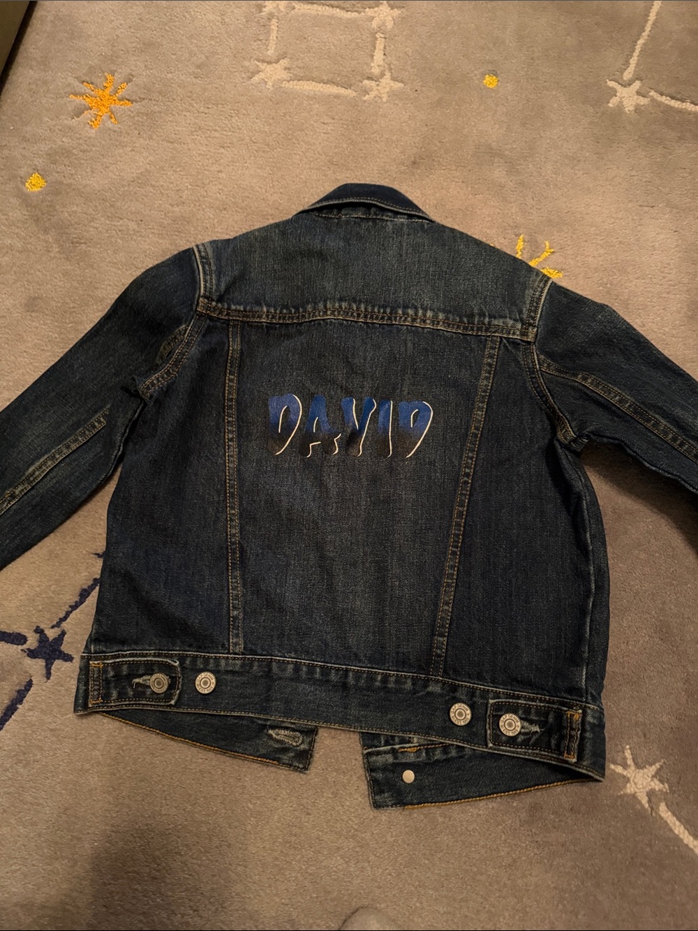 Custom Dark Wash Denim Jacket with Blue 'DAVID' Back Graphic